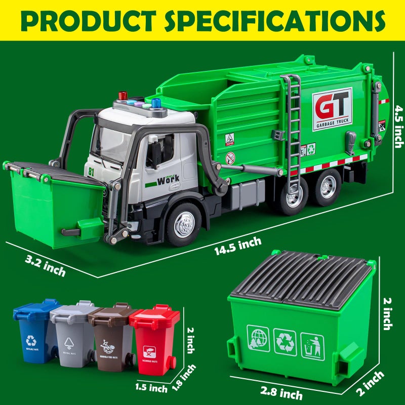 TAKGUD Garbage Truck Toys for Boys  12"" Big Trash Truck with Lights and Sounds  Friction Powered Waste Management Recycling Toy Set with 4 Trash Cans and Sorting Cards  Gift for Kids - Image 4